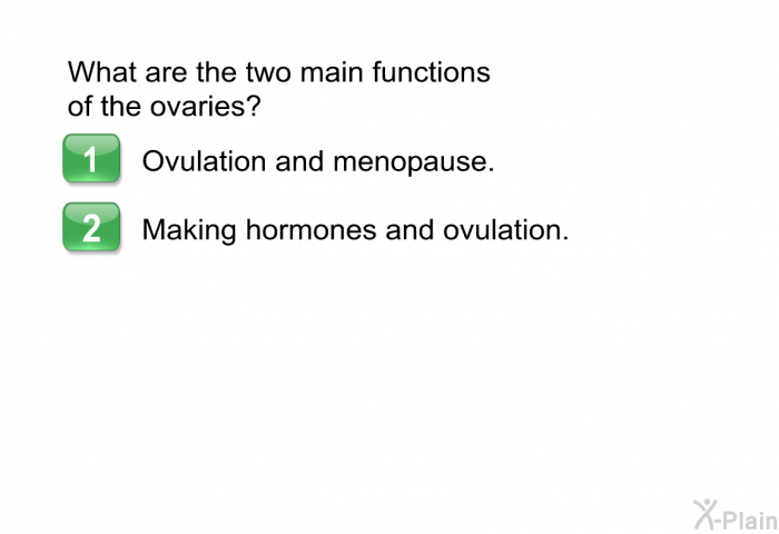 What are the two main functions of the ovaries?  Ovulation and menopause. Making hormones and ovulation.