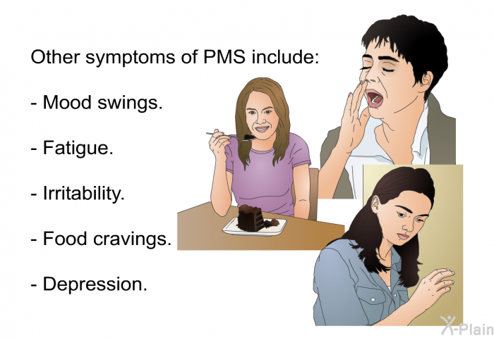 Other symptoms of PMS include:  Mood swings. Fatigue. Irritability. Food cravings. Depression.