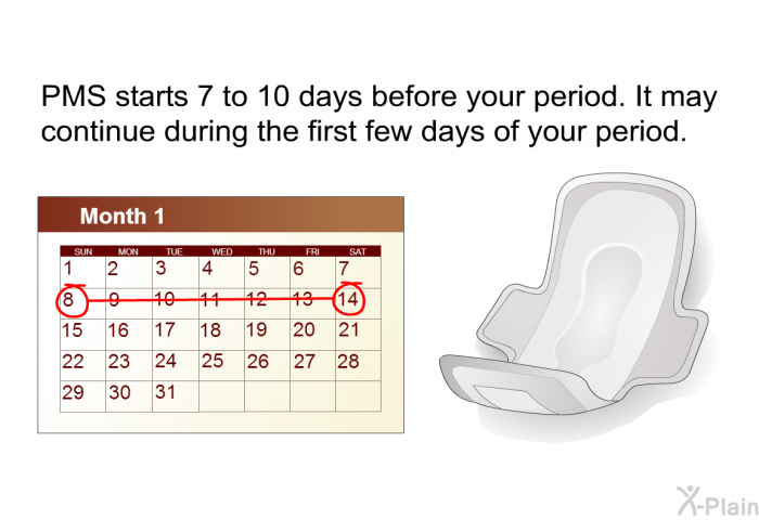 PMS starts 7 to 10 days before your period. It may continue during the first few days of your period.