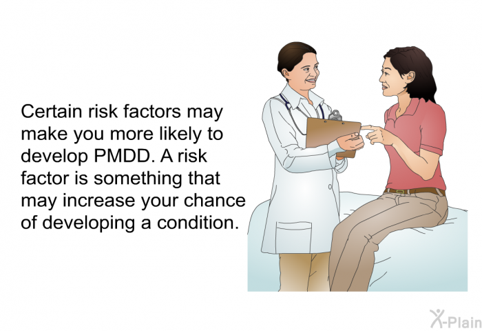 Certain risk factors may make you more likely to develop PMDD. A risk factor is something that may increase your chance of developing a condition.