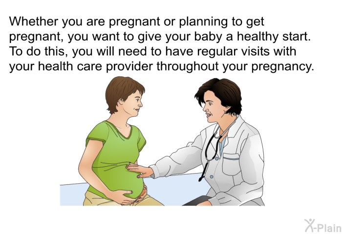 Whether you are pregnant or planning to get pregnant, you want to give your baby a healthy start. To do this, you will need to have regular visits with your health care provider throughout your pregnancy.