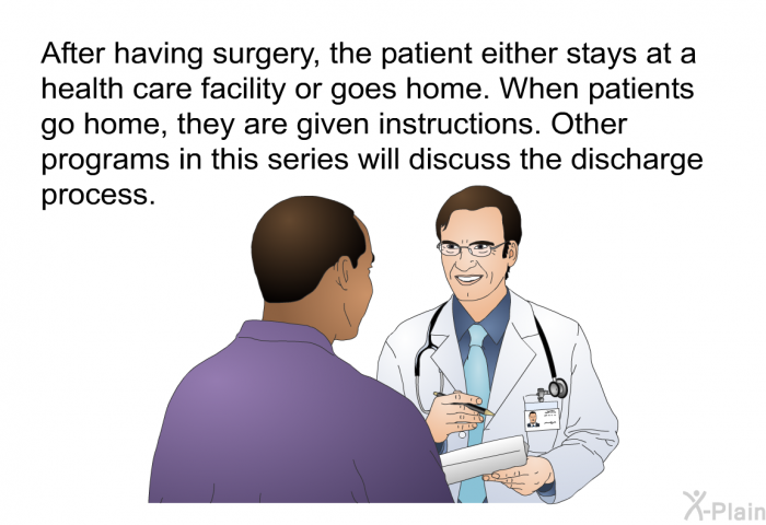 After having surgery, the patient either stays at a health care facility or goes home. When patients go home, they are given instructions. Other health information in this series will discuss the discharge process.