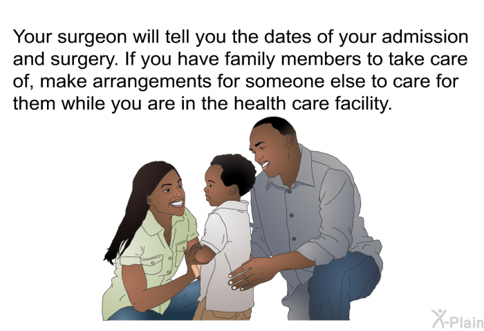 Your surgeon will tell you the dates of your admission and surgery. If you have family members to take care of, make arrangements for someone else to care for them while you are in the health care facility.