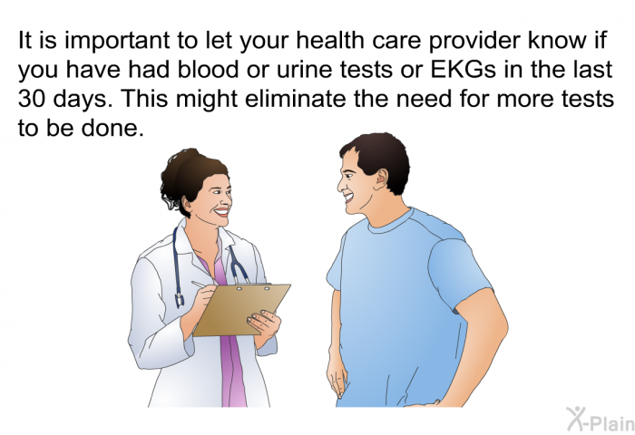 It is important to let your health care provider know if you have had blood or urine tests or EKGs in the last 30 days. This might eliminate the need for more tests to be done.