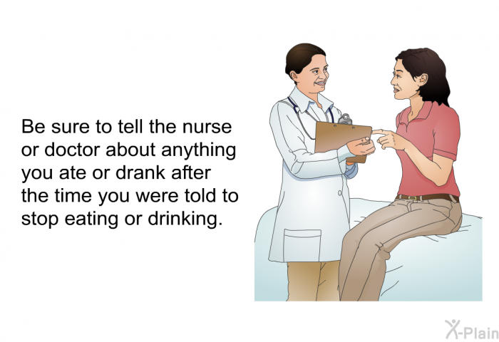 Be sure to tell the nurse or doctor about anything you ate or drank after the time you were told to stop eating or drinking. 