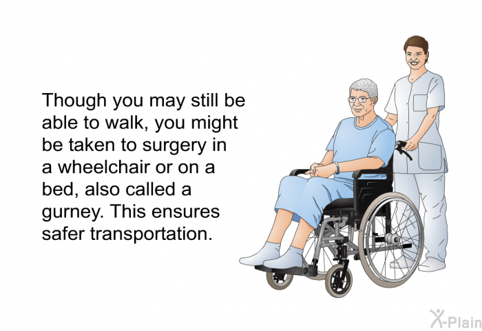 Though you may still be able to walk, you might be taken to surgery in a wheelchair or on a bed, also called a gurney. This ensures safer transportation.