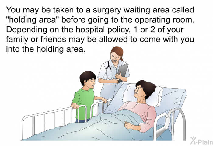 You may be taken to a surgery waiting area called “holding area” before going to the operating room. Depending on the hospital policy, 1 or 2 of your family or friends may be allowed to come with you into the holding area.