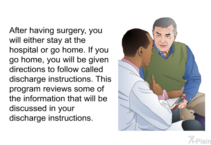 After having surgery, you will either stay at the hospital or go home. If you go home, you will be given directions to follow called discharge instructions. This health information reviews some of the information that will be discussed in your discharge instructions.