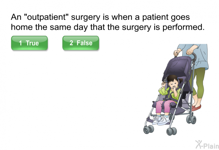 An "outpatient" surgery is when a patient goes home the same day that the surgery is performed. Press True or False.