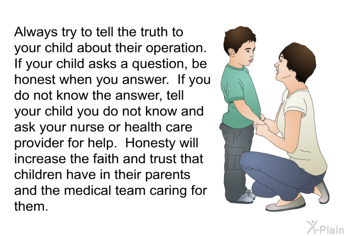Always try to tell the truth to your child about their operation. If your child asks a question, be honest when you answer. If you do not know the answer, tell your child you do not know and ask your nurse or health care provider for help. Honesty will increase the faith and trust that children have in their parents and the medical team caring for them.