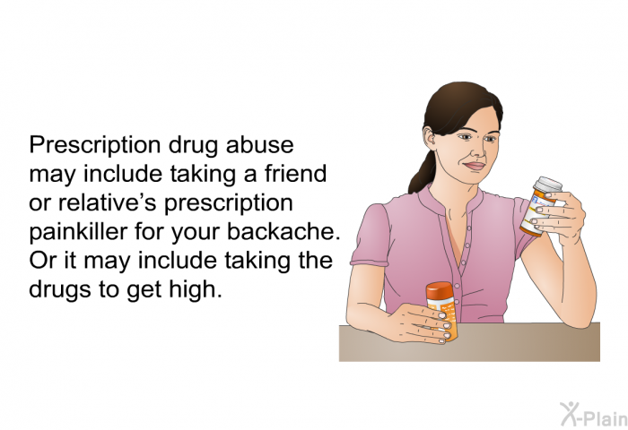 Prescription drug abuse may include taking a friend or relative's prescription painkiller for your backache. Or it may include taking the drugs to get high.