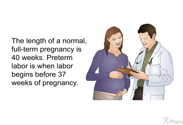The length of a normal, full-term pregnancy is 40 weeks. Preterm labor is when labor begins before 37 weeks of pregnancy.