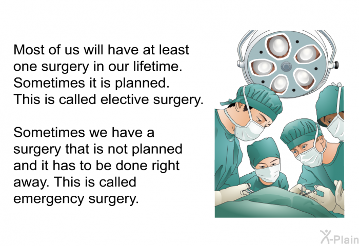 Most of us will have at least one surgery in our lifetime. Sometimes it is planned. This is called elective surgery. Sometimes we have a surgery that is not planned and it has to be done right away. This is called emergency surgery.