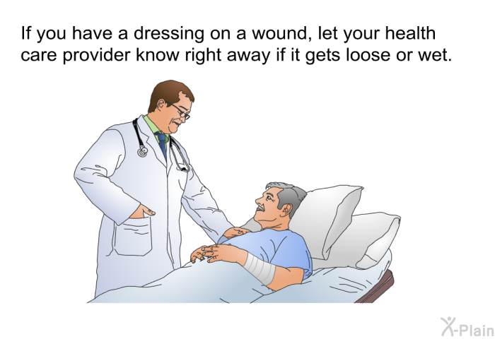 If you have a dressing on a wound, let your health care provider know right away if it gets loose or wet.