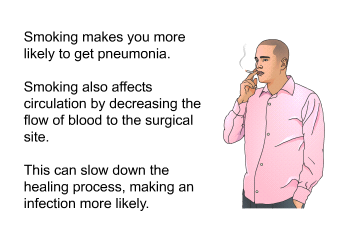Smoking makes you more likely to get pneumonia. Smoking also affects circulation by decreasing the flow of blood to the surgical site. This can slow down the healing process, making an infection more likely.