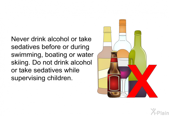 Never drink alcohol or take sedatives before or during swimming, boating or water skiing. Do not drink alcohol or take sedatives while supervising children.