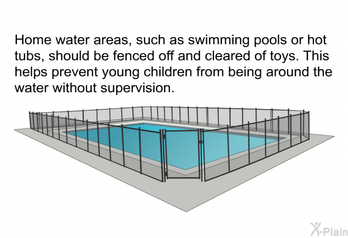 Home water areas, such as swimming pools or hot tubs, should be fenced off and cleared of toys. This helps prevent young children from being around the water without supervision.