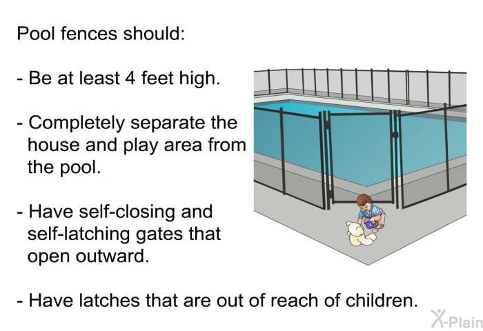 Pool fences should:  Be at least 4 feet high. Completely separate the house and play area from the pool. Have self-closing and self-latching gates that open outward. Have latches that are out of reach of children.