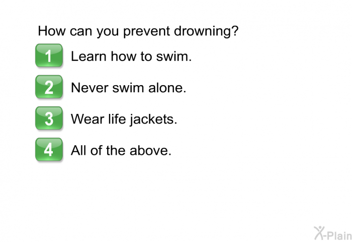 How can you prevent drowning? Choose one of the following.  Learn how to swim. Never swim alone. Wear life jackets. All of the above.