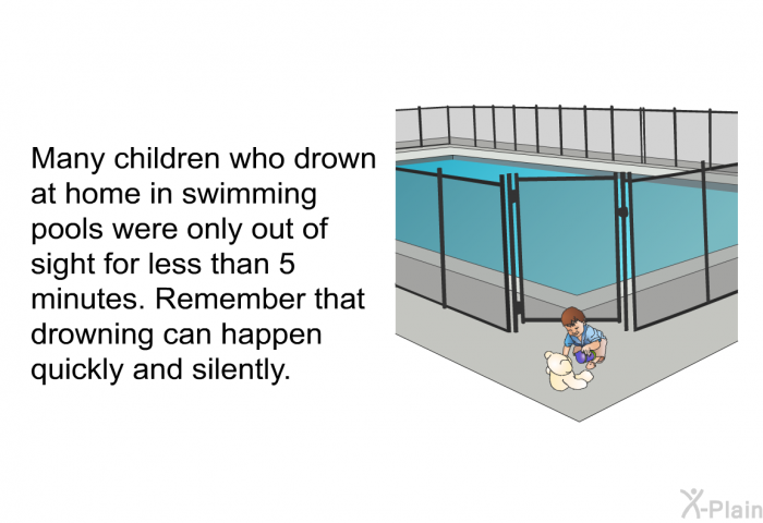 Many children who drown at home in swimming pools were only out of sight for less than 5 minutes. Remember that drowning can happen quickly and silently.