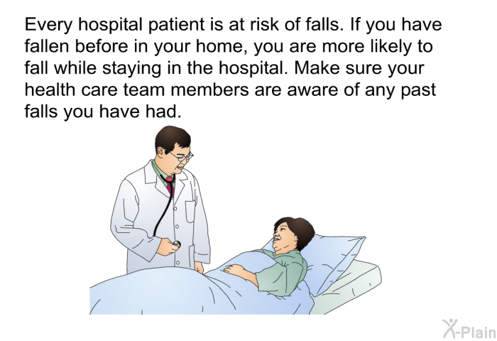 Every hospital patient is at risk of falls. If you have fallen before in your home, you are more likely to fall while staying in the hospital. Make sure your health care team members are aware of any past falls you have had.