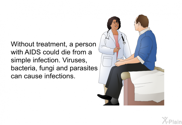 Without treatment, a person with AIDS could die from a simple infection. Viruses, bacteria, fungi and parasites can cause infections.