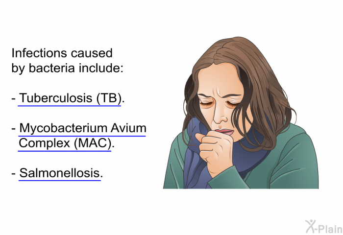 Infections caused by bacteria include:  Tuberculosis (TB). Mycobacterium Avium Complex (MAC). Salmonellosis.