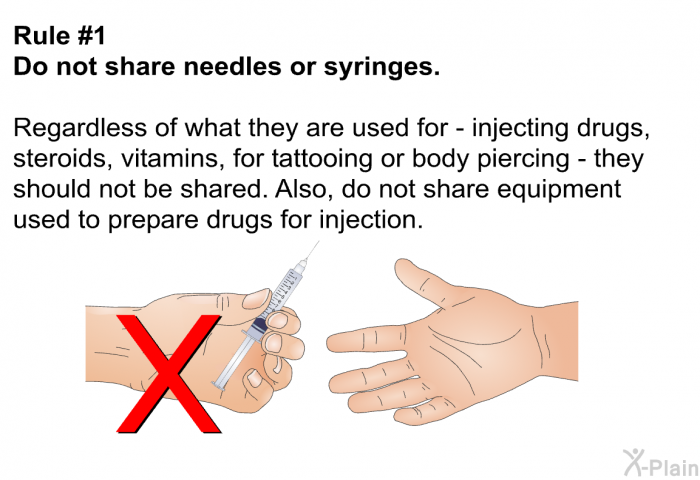 Rule #1 Do not share needles or syringes. Regardless of what they are used for – injecting drugs, steroids, vitamins, for tattooing or body piercing – they should not be shared. Also, do not share equipment (or "works") used to prepare drugs for injection.