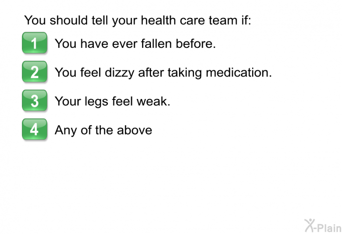 You should tell your health care team if:  You have ever fallen before. You feel dizzy after taking medication. Your legs feel weak. Any of the above.