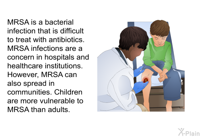 MRSA is a bacterial infection that is difficult to treat with antibiotics. MRSA infections are a concern in hospitals and healthcare institutions. However, MRSA can also spread in communities. Children are more vulnerable to MRSA than adults.