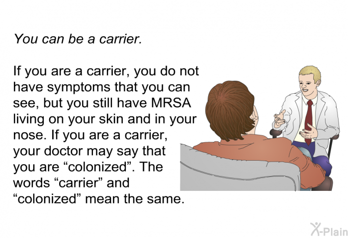 You can be a carrier. 
If you are a carrier, you do not have symptoms that you can see, but you still have MRSA living on your skin and in your nose. If you are a carrier, your doctor may say that you are “colonized”. The words “carrier” and “colonized” mean the same.