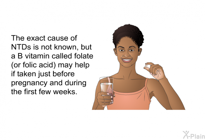 The exact cause of NTDs is not known, but a B vitamin called folate (or folic acid) may help if taken just before pregnancy and during the first few weeks.