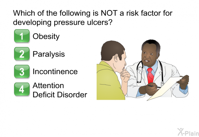 Which of the following is <U>NOT</U> a risk factor for developing pressure ulcers?  Obesity Paralysis Incontinence Attention Deficit Disorder
