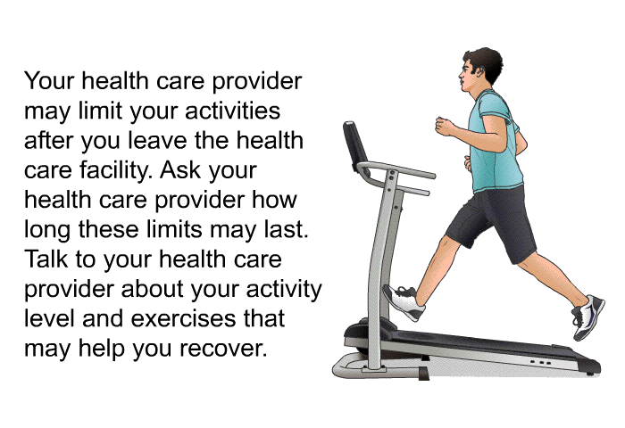 Your health care provider may limit your activities after you leave the health care facility. Ask your health care provider how long these limits may last. Talk to your health care provider about your activity level and exercises that may help you recover.