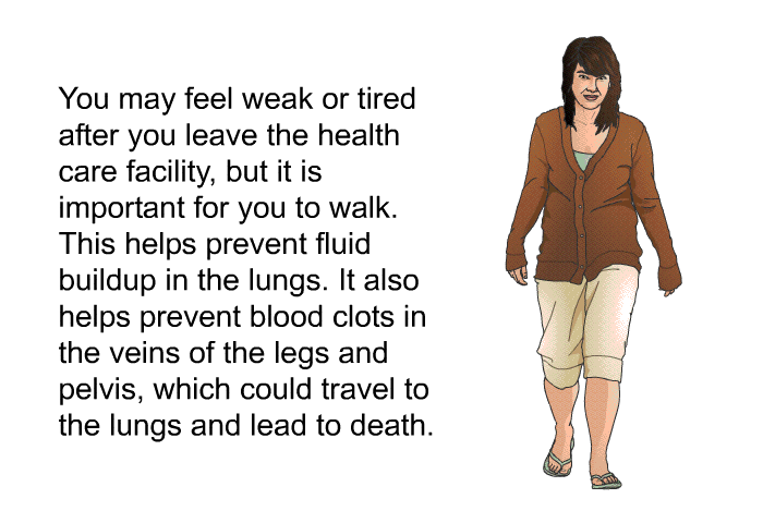 You may feel weak or tired after you leave the health care facility, but it is important for you to walk. This helps prevent fluid buildup in the lungs. It also helps prevent blood clots in the veins of the legs and pelvis, which could travel to the lungs and lead to death.
