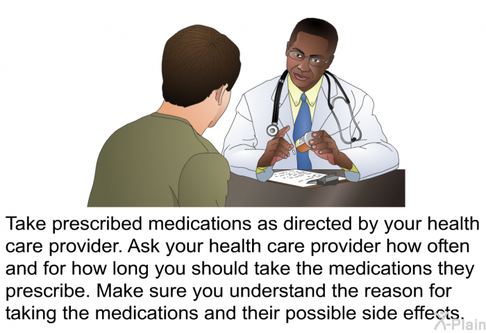 Take prescribed medications as directed by your health care provider. Ask your health care provider how often and for how long you should take the medications they prescribe. Make sure you understand the reason for taking the medications and their possible side effects.