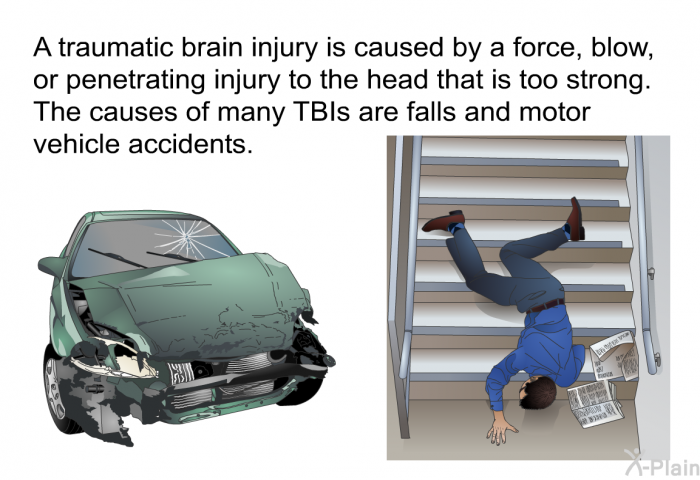 A traumatic brain injury is caused by a force, blow, or penetrating injury to the head that is too strong. The causes of many TBIs are falls and motor vehicle accidents.