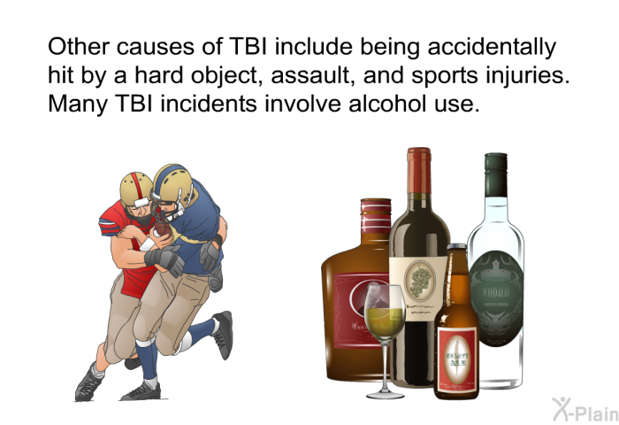 Other causes of TBI include being accidentally hit by a hard object, assault, and sports injuries. Many TBI incidents involve alcohol use.