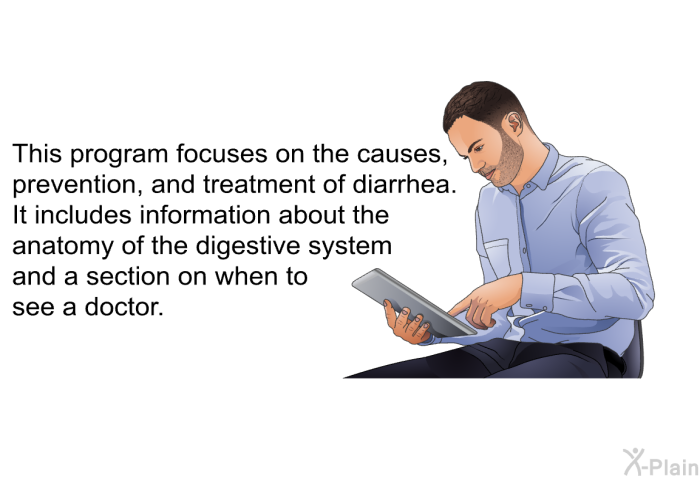 This health information focuses on the causes, prevention, and treatment of diarrhea. It includes information about the anatomy of the digestive system and a section on when to see a doctor.