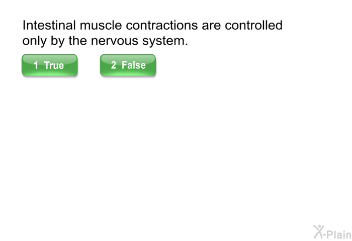 Intestinal muscle contractions are controlled only by the nervous system.