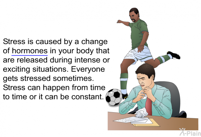 Stress is caused by a change of hormones in your body that are released during intense or exciting situations. Everyone gets stressed sometimes. Stress can happen from time to time or it can be constant.