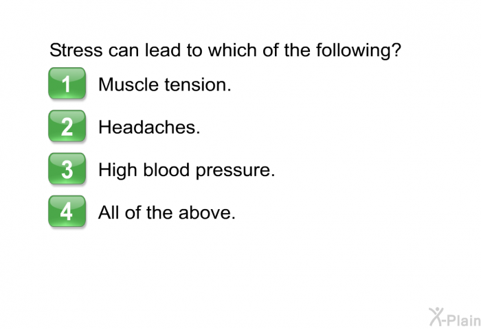 Stress can lead to which of the following?  Muscle tension. Headaches. High blood pressure. All of the above.