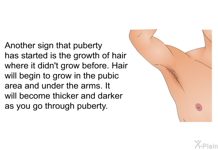 Another sign that puberty has started is the growth of hair where it didn't grow before. Hair will begin to grow in the pubic area and under the arms. It will become thicker and darker as you go through puberty.
