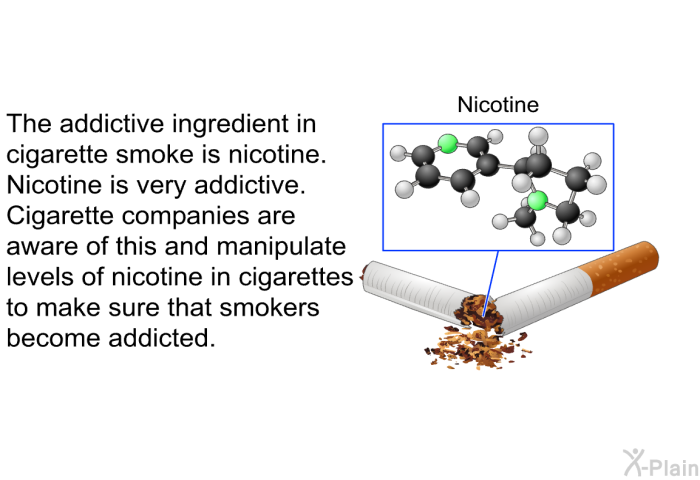The addictive ingredient in cigarette smoke is nicotine. Nicotine is very addictive. Cigarette companies are aware of this and manipulate levels of nicotine in cigarettes to make sure that smokers become addicted.