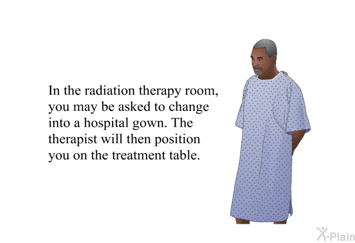 In the radiation therapy room, you may be asked to change into a hospital gown. The therapist will then position you on the treatment table.