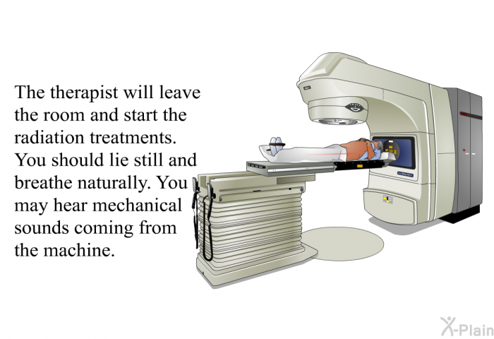 The therapist will leave the room and start the radiation treatments. You should lie still and breathe naturally. You may hear mechanical sounds coming from the machine.