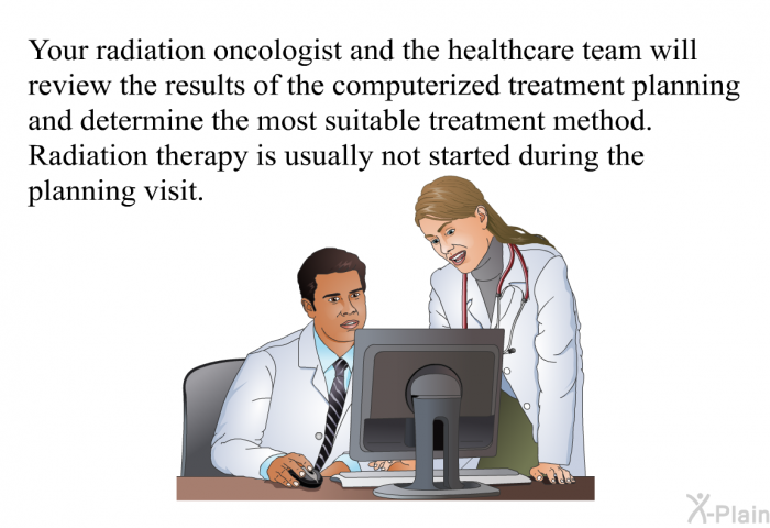 Your radiation oncologist and the healthcare team will review the results of the computerized treatment planning and determine the most suitable treatment method. Radiation therapy is usually not started during the planning visit.