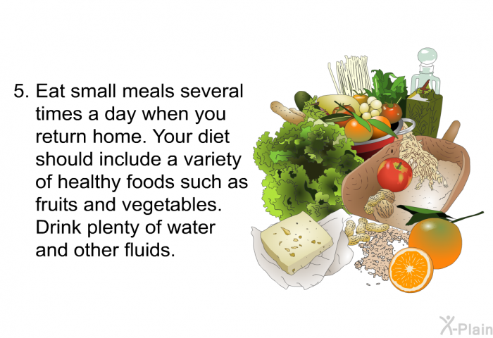 Eat small meals several times a day when you return home. Your diet should include a variety of healthy foods such as fruits and vegetables. Drink plenty of water and other fluids.