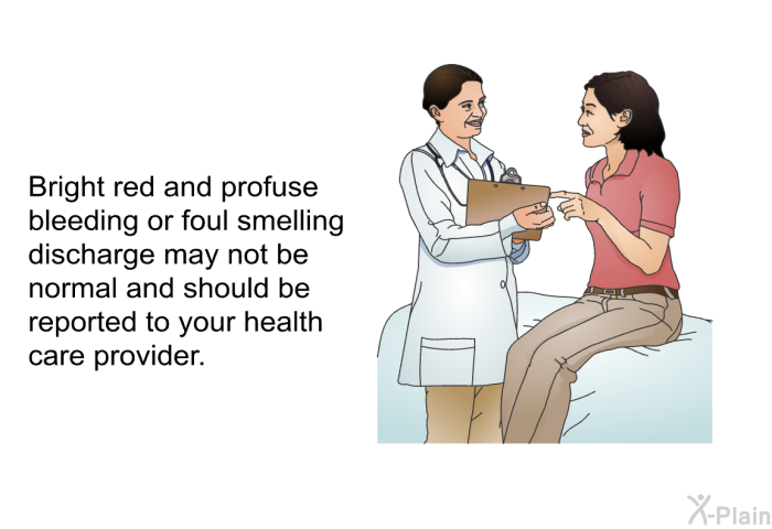Bright red and profuse bleeding or foul smelling discharge may not be normal and should be reported to your health care provider.