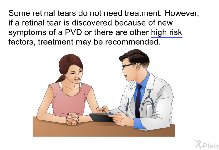 Some retinal tears do not need treatment. However, if a retinal tear is discovered because of new symptoms of a PVD or there are other high risk factors, treatment may be recommended.